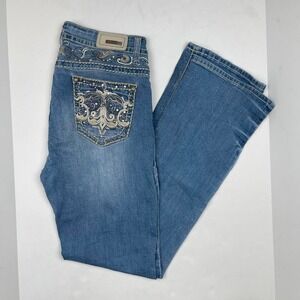 Y2K Rhinestone Embellished Bootcut Jeans Women's 34 McBling Grunge Distressed